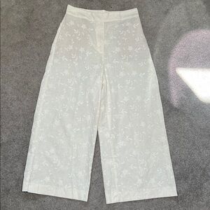 Zara Cotton Linen Blend Embroidered Pants Wide Leg Crop Cream Size Medium